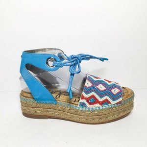 Sam Edelman Neera Espadrilles Platform Beaded Turquoise Sandals Ankle Tie 7.5